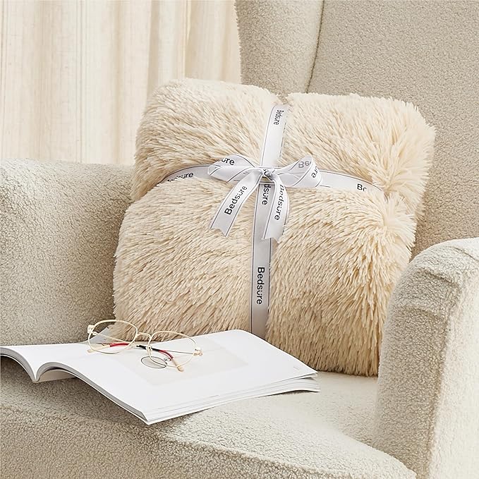 Bedsure GentleSoft Fluffy Beige Blankets Queen Size for Bed, Thick Sherpa Faux Fur Fleece Fuzzy Plush Winter Warm Heavy Soft Queen Blankets, Bedroom Decor Beige Gifts Cozy Gifts for Women Men, 90x90-Ruum Studio Home