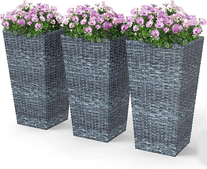 Outsunny Tall Planters for Outdoor Plants Set of 3, 24 in Taper Planters with Drainage Holes, Rattan Decor Plant Pots for Indoor Outdoor Front Porch Patio Backyard, Gray-Ruum Studio Home