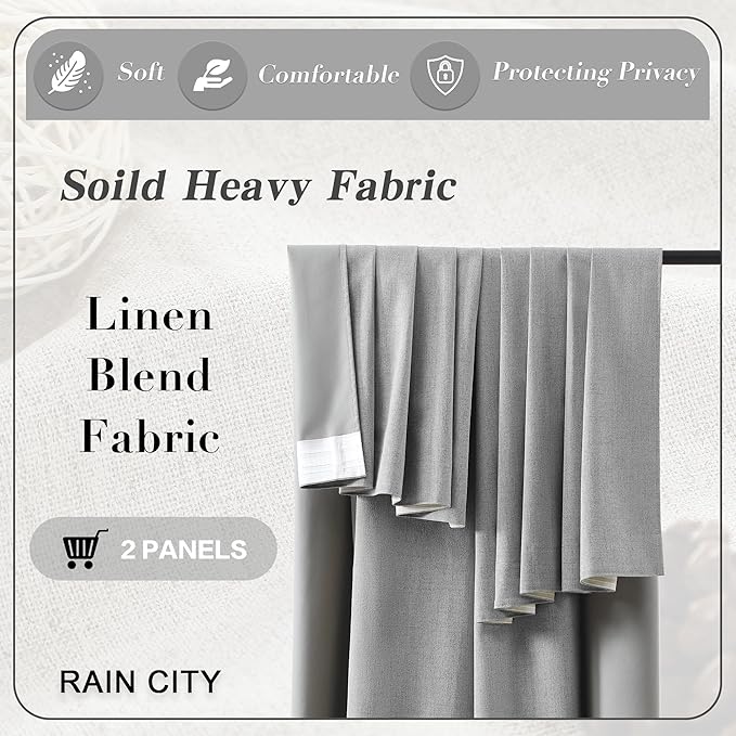 RAIN CITY 94 Inch Long Blackout Curtains 2 Panels Set,70 Inch Wide Back Tab Pleated Curtains with Hooks Track System,Energy Efficinet Linen Blend Drapes for Dining Room Hoom Office 70x94,Grey-Ruum Studio Home