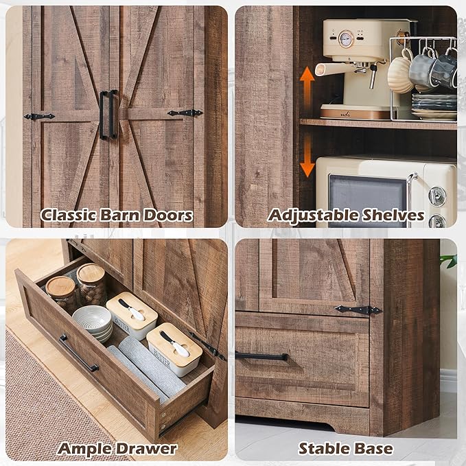 72" Tall Wood Storage Cabinet, Farmhouse Kitchen Pantry Cabinet with Adjustable Shelves & Drawer & Barn Doors, Versatile Storage for Kitchen, Dining Room, Bathroom, Light Brown-Ruum Studio Home