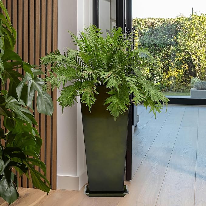 WORTH Garden 28" Large Metal Glazed Planter Set of 2, Luxurious Glossy Finish Green Tall Square Tapered Steel Plant Pots, Decor Flower Pot Indoor & Outdoor, Drainage Hole & Dual-Purpose Plant Saucer-Ruum Studio Home