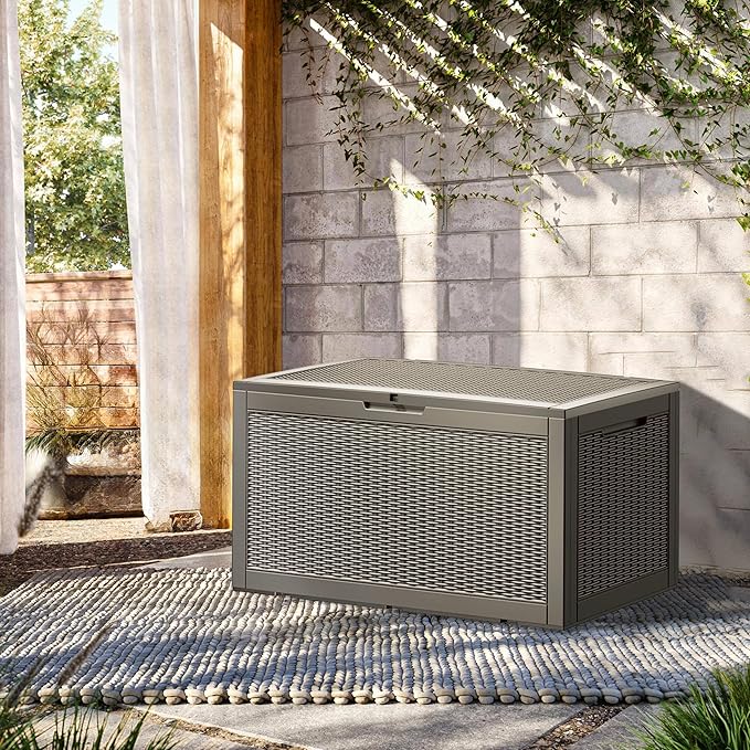 100 Gallon Outdoor Storage Box Waterproof Lockable Resin Deck Box Large, Patio Storage Bin for Pool Accessories Cushion Furniture, Garden Tools, UV-Resistant Outside Delivery Grey-Ruum Studio Home