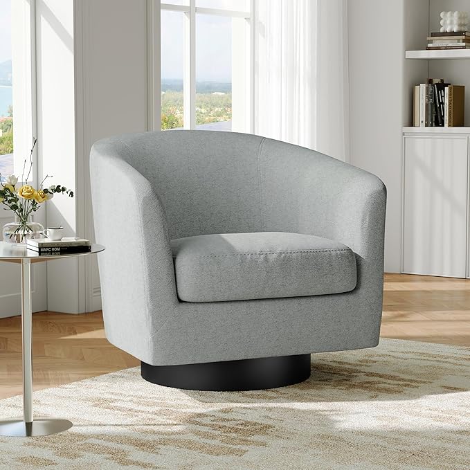 Swivel Barrel Accent Chair, Modern Round Chenille Fabric Arm Chair for Living Room, Bedroom, Comfy Club Reading Chairs for Adults（Chenille Fabric, Light Grey, Set of 2-Ruum Studio Home
