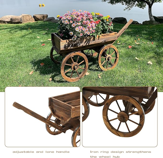 Garden Wooden Decor Rustic Flower Pot,Planters Wagon Indoor Outdoor Backyard Balcony Decor,for Outside Garden Decor Wheelbarrow Planter for Patio (Wooden Wagon)-Ruum Studio Home