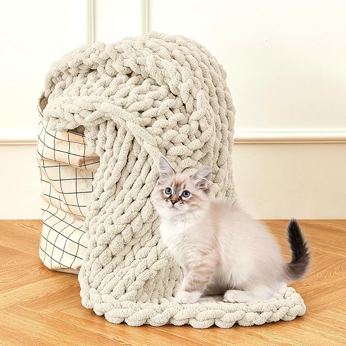 Admitrack Chunky Knit Blanket Throw, 100% Hand Knit Chenille Throw Blanket for Sofa & Home Decor, Soft and Cozy Knitted Throw Blankets (Ivory, 60""x80""), XNR09-Ruum Studio Home