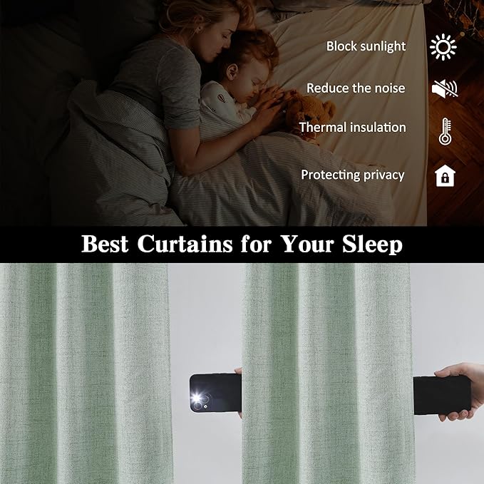 RAIN CITY Light Green Linen Blackout Curtains 63 Inch Long for Living Room,2 Panels Pinch Pleated Drape with Hooks Back Tab Boho Decor, Textured Full Black Out Curtains for Bedroom 50 x 63-Ruum Studio Home