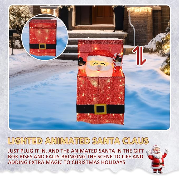 Light Up Electric Santa Claus Decor with 100 LED Lights, 3D Pre-Lit Animated Santa Claus for Xmas Decoration, 14.17" L x 10" W x 26.97" H Freestanding Glittered Display for Outdoor, Indoor-Ruum Studio Home