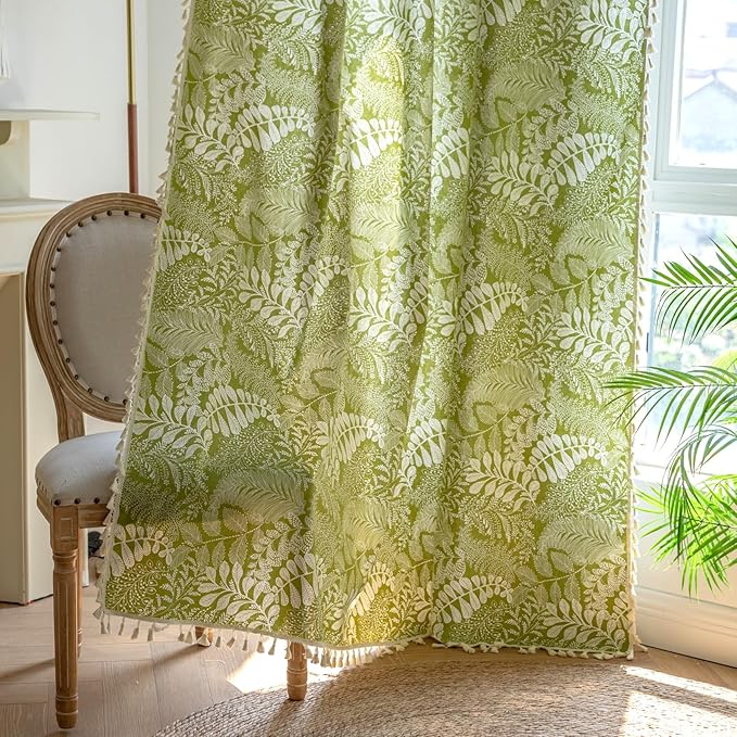 Sutuo Home Boho Curtains 84 Inches Length for Bedroom Living Room, Printed Cotton Linen Rod Pocket Rustic Farmhouse Bohemian Tassels Window Treatment, 1 Panel 59" W x 84" L, Green Botanic Leaves-Ruum Studio Home