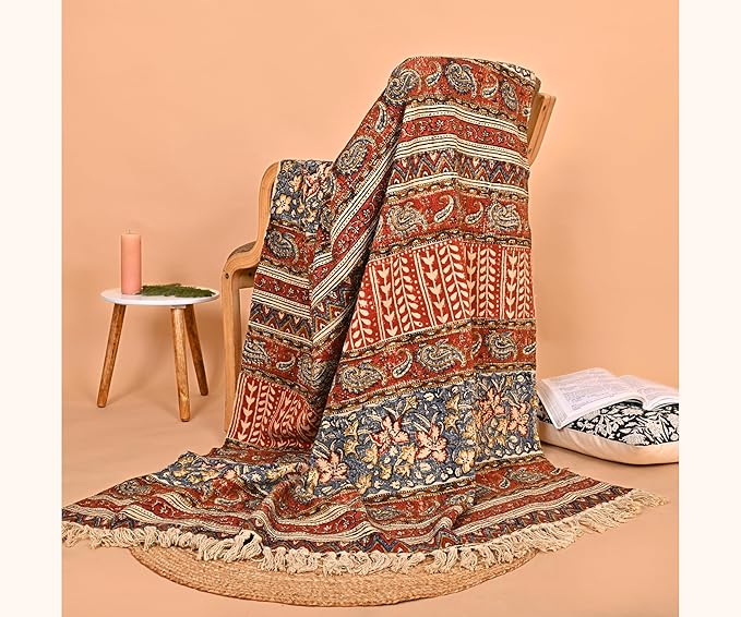 Handmade Cotton Floral Throw Blanket | Indian Block Print with Tassels | Boho Fringed Sofa & Bed Cover | 48x70 Inches Lightweight Decorative Throw for Couch, Living Room & Bedroom-Ruum Studio Home