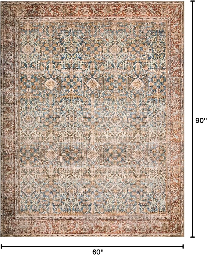 Loloi Layla Collection LAY-04 Ocean/Rust 5'-0" x 7'-6" .13" Thick Area Rug, Soft, Durable, Vintage Inspired, Distressed, Low Pile, Non-Shedding, Easy Clean, Printed, Living Room Rug-Ruum Studio Home