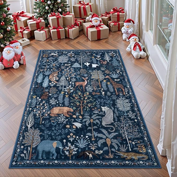 OJIA Jungle Print Blue 5x7 Rugs for Living Room, Soft Ultra-Thin Washable Area Rugs for Bedroom Non-Slip Modern Entryway Rug Non Shedding Indoor Carpet Kids Rugs for Playroom Nursery Classroom-Ruum Studio Home