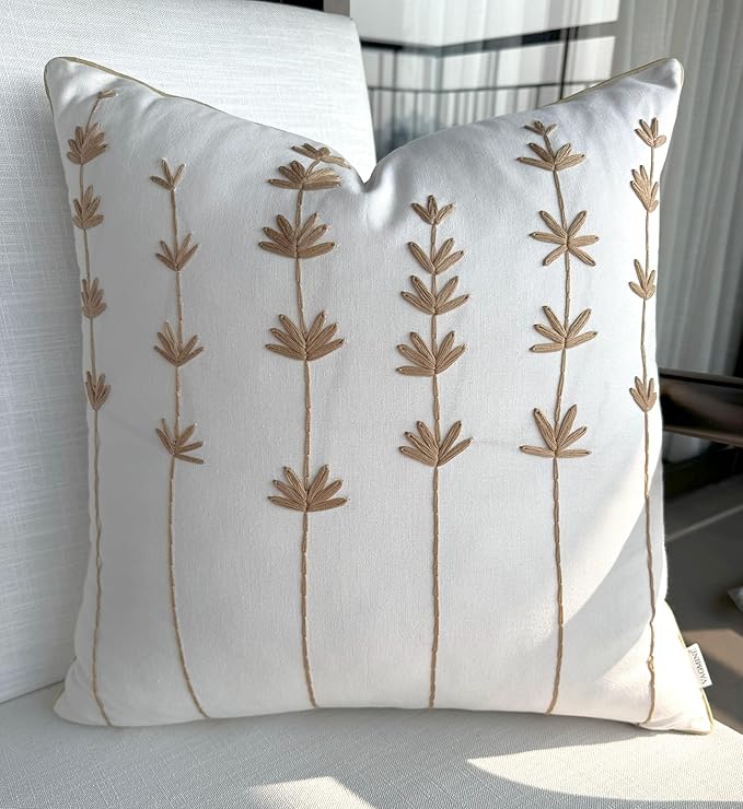 VAGMINE Hand Embroidered Daisy Accent Throw Pillow Cover - 18x18 Inches Square - 100% Cotton Ivory Decorative Cushion Cover for Couch, Sofa, Living Room - Textured Embroidery - Cozy Floral Home Décor-Ruum Studio Home
