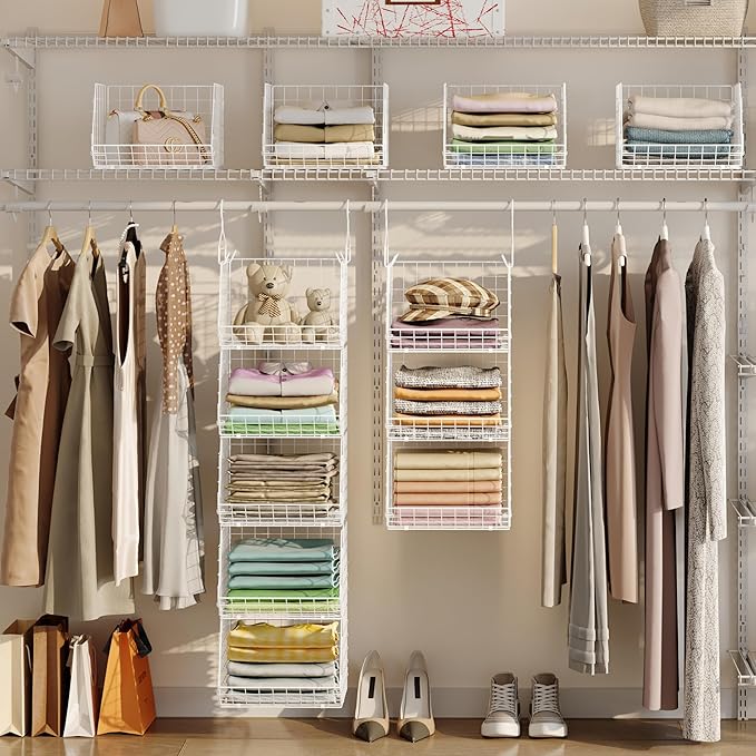 5 Tier Closet Hanging Organizer, Clothes Hanging Shelves with 4 Hanging Hooks 5 S Hooks, Wire Storage Basket Bins, for Clothing Sweaters Shoes Handbags Clutches Accessories Patent Design-White-Ruum Studio Home