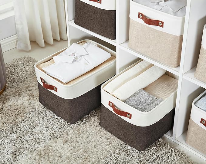 DECOMOMO Storage Bins Fabric Storage Baskets for Shelves, Linen Closet Organization Toys Nursery (Brown and White, Large - 3 Pack)-Ruum Studio Home