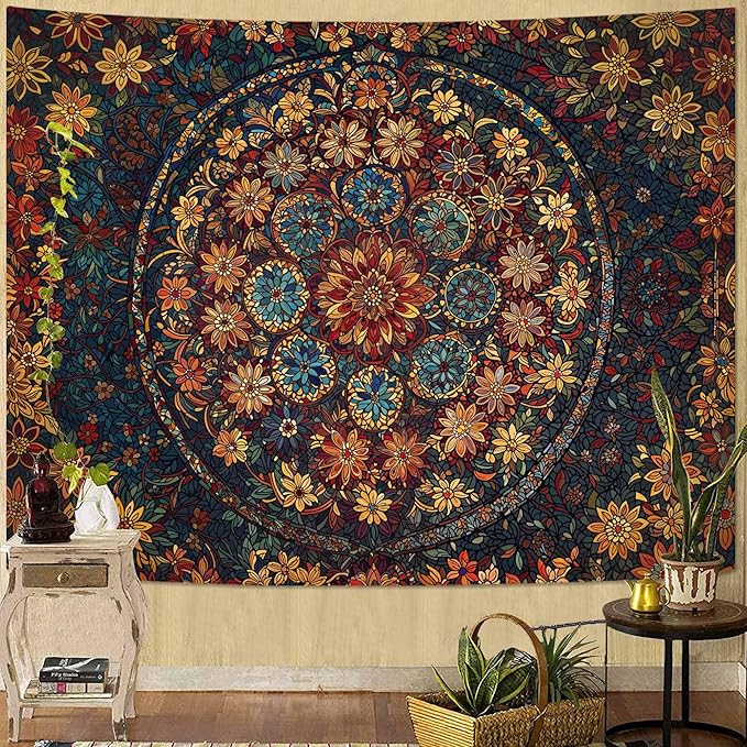 Fowocu Boho Floral Mandala Tapestry Wall Hanging Vintage Bohemian Flower Medallion Tapestry Aesthetic Orange Stained Glass Hippie Extra Large Tapestries for Bedroom Living Room Dorm Decor 90 x 68 Inch-Ruum Studio Home