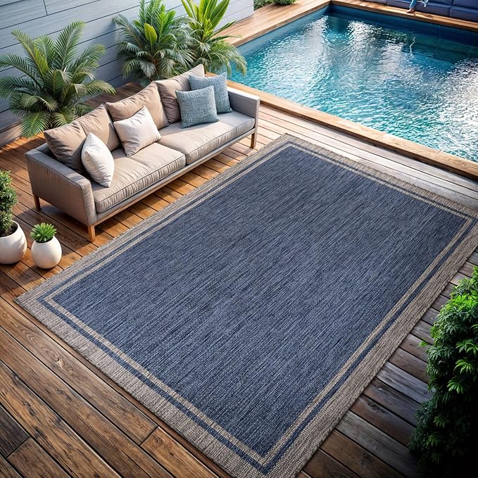CAMILSON Outdoor Rug, 6x9 Bordered Navy Blue Gray Modern Area Rugs for Indoor and Outdoor Patios, Porches Waterproof Washable Porch Deck Outside Carpet (Bordered Navy, 6 x 9)-Ruum Studio Home