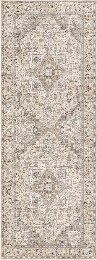Washable 2x6 Runner Rug - Area Rugs Neutral Vintage Distressed Floral Farmhouse Boho Large Soft Floor Rug Indoor Carpet for Hallway Entryway Bedroom Kitchen - Brown/Multi-Ruum Studio Home
