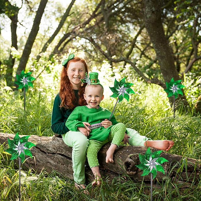 Hausse 10 Pack Reflective Pinwheels Holiday Decor, Extra Sparkly Wind Sculptures for St. Patrick's Day Decorations Party Supplies, Deterrent to Scare Birds Away from Garden Yard Patio Farm, Green-Ruum Studio Home