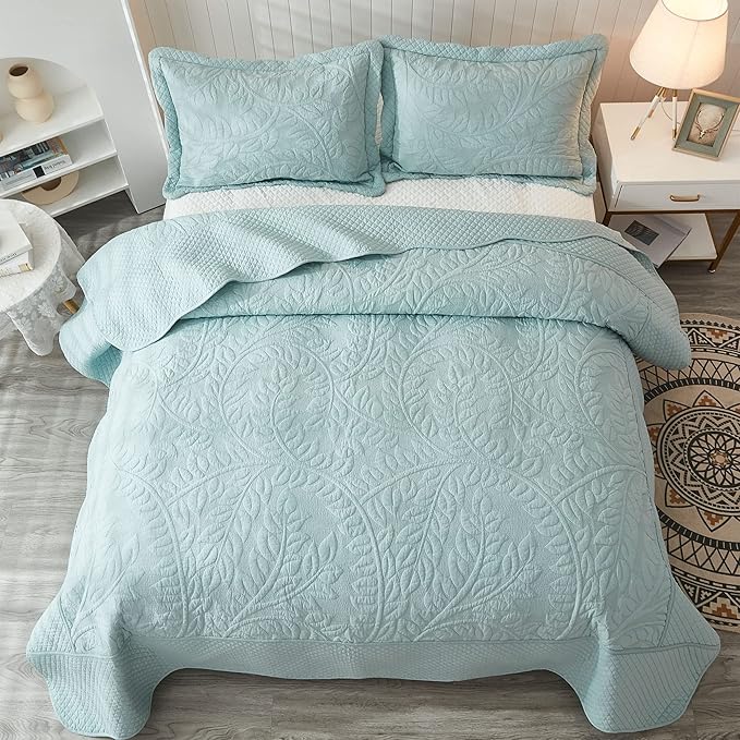 MarCielo 3-Piece 100% Cotton Oversized Bedspread Lightweight Quilt Coverlet Embroidery Farmhouse Bedding Set T0 (Aruba Blue, Oversized Queen (100"x106"))-Ruum Studio Home