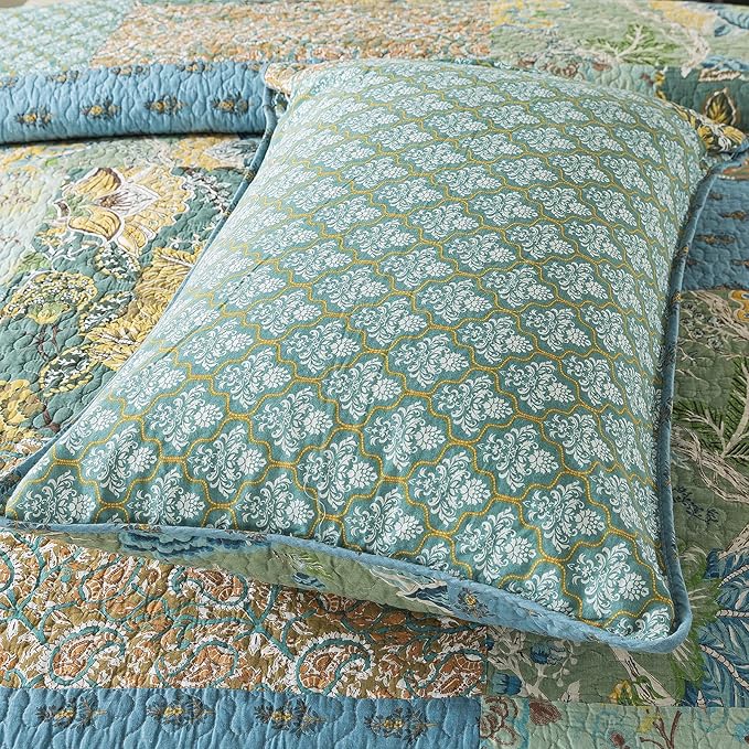 NEWLAKE Cotton Patchwork Bedspread, 3-Piece Bedding Quilt Set with Real Stitched Embroidery, Reversible Matelasse Bed Coverlet Set,Green Farmhouse Garden,King Size-Ruum Studio Home