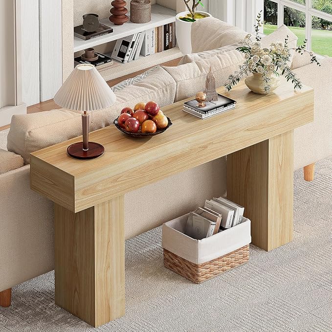 63 Inch Long Console Table for Entryway, Farmhouse Wood Rectangular Sofa Table Behind Couch Table, Narrow Entryway Table for Living Room, Entrance, Hallway, Foyer, Easy Assembly (Natural)-Ruum Studio Home