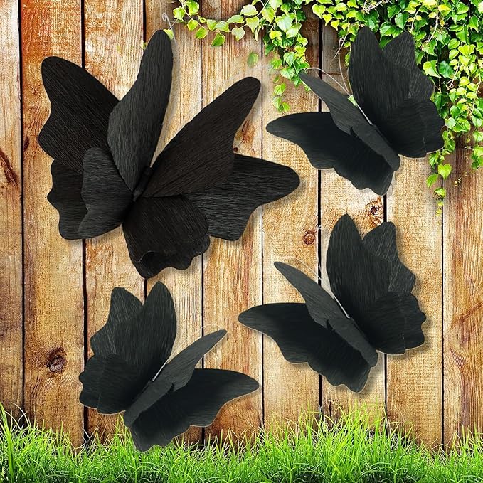 Party Butterfly Decorations, Black 3D Butterfly Birthday Decoration, 4 Pcs Crepe Paper Hanging Decor for Room, School, Black Theme, Flower Party for Garden, Dining Table Decor-Ruum Studio Home