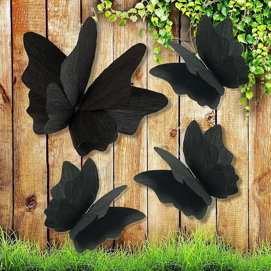 Party Butterfly Decorations, Black 3D Butterfly Birthday Decoration, 4 Pcs Crepe Paper Hanging Decor for Room, School, Black Theme, Flower Party for Garden, Dining Table Decor-Ruum Studio Home
