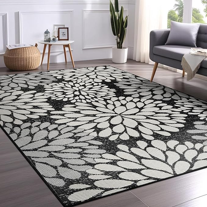 Beverly Rug Outdoor Rug 10x14 Modern Exotic Tropical Leaf Area Rugs for Indoor and Outdoor Patio Deck Porch Garden Water Resistant Washable Outside Carpet (10 x 14 Dark Gray)-Ruum Studio Home