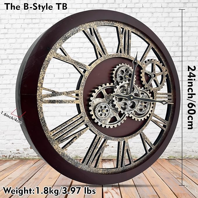 The B-Style Large Wall Clock 24 inch Moving Gear Wall Clock Oversized Vintage Farmhouse Wall Clocks for Living Room Decor Rustic Industrial Wood Clock (Cherry red and Bronze)-Ruum Studio Home