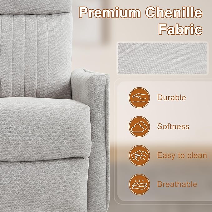 Manual Swivel Rocker Recliner Chair for Adults, Overstuffed Reclining Glider Chair for Nursing with Vibration Massage & Heat, Living Room Rocking Recliner 2-Stage backrest, Chenille Fabric Light Gray-Ruum Studio Home
