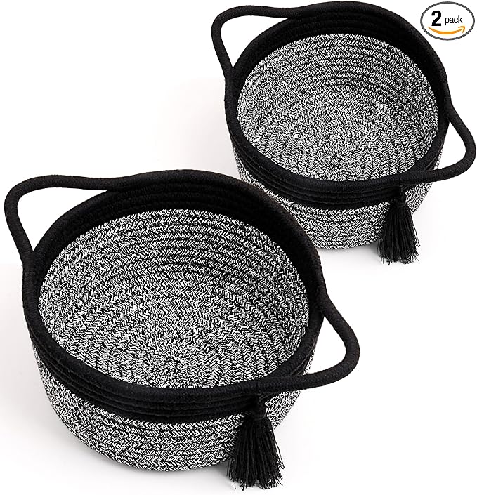 Empty Gift Basket Mini Woven Rope Organizer Baskets for Baby Shower, Vanity, Makeup Brushes, Bathroom, Shelves, Desk - Small Decorative Storage Bins - Set of 2, Pre-Shaped, Black Grey-Ruum Studio Home