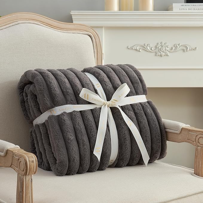 Amélie Home Faux Fur Throw Blanket for Couch, Cozy Fuzzy Fluffy Fur Luxurious Soft Striped Plush Gift Blankets for Family Sofa Chair Bed Living Room Bedroom, 60"x80", Charcoal Grey-Ruum Studio Home