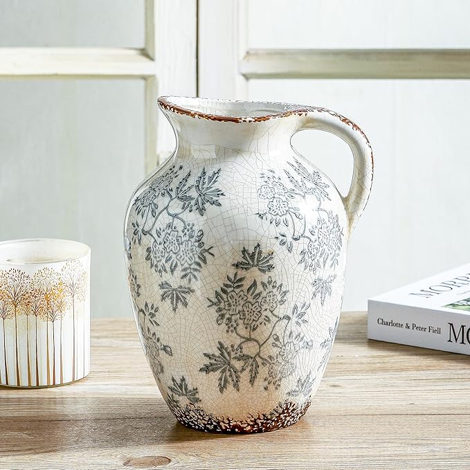 Enra Vintage vase with Handle,Blue and White Ceramic Decorative Flower vase, Chinoiserie Floral Vase,Large Rustic Vases for Home Decors, Living Room, Bookshelf, Office，9.7 inch-Ruum Studio Home