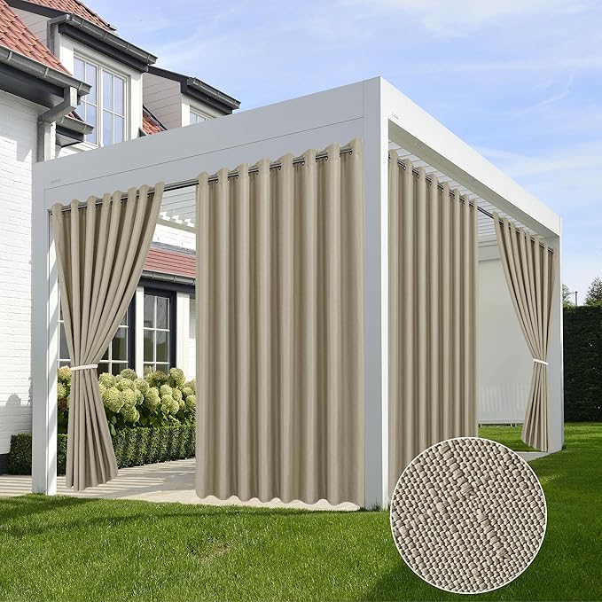 HolidayIdeas 4 Panels Linen Outdoor Curtains for Patio Waterproof Taupe Outside Curtains 110"x84"-Gazebo Wide Curtains Weighted Privacy for Pergola, Porch, Cabana, Living Room, Backyard, Pavilion-Ruum Studio Home