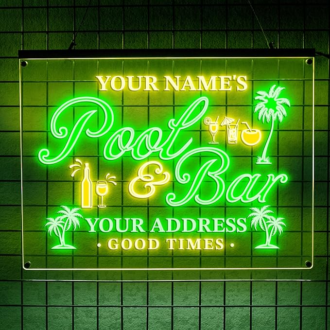 Personalized Pool & Bar Neon Sign, Custom LED Light with Name and Address, Outdoor Patio Decor, Tiki Bar or Backyard Pool Gift for Party Lovers-Ruum Studio Home
