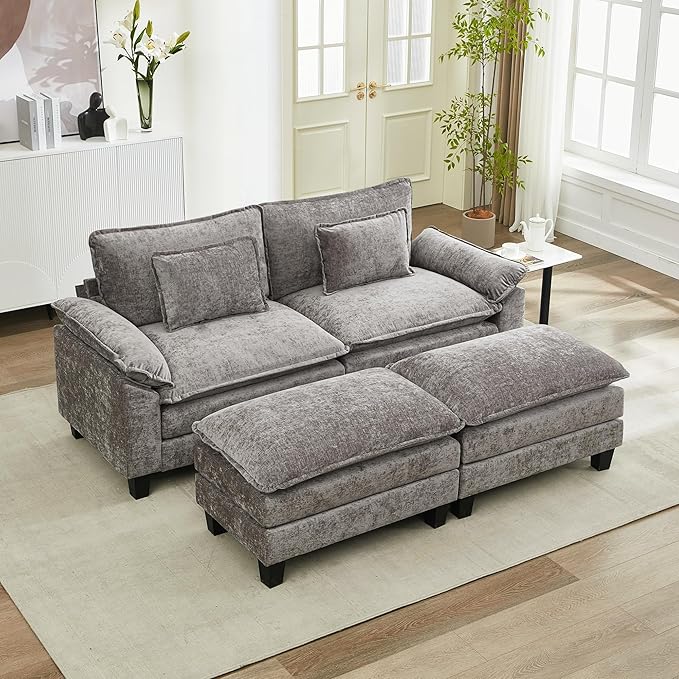 URRED Modular Sectional Sofa Comfy Cloud Couch, Modern Chenille Sofa Sleeper Deep Seat Couches with Ottoman/Pillows for Living Room (Gray, 82.6''- 2 Ottomans)-Ruum Studio Home