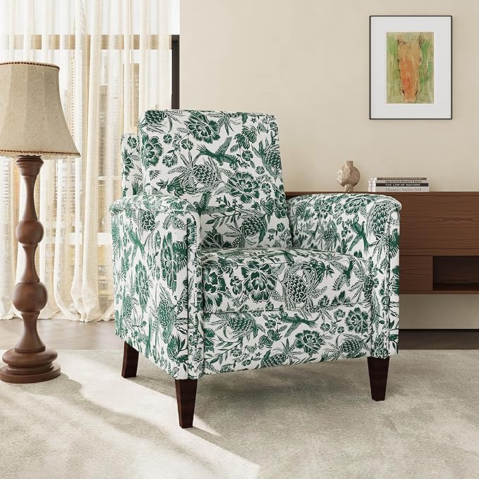 Floral Accent Chair, High Back Upholstered Armchair with Solid Wooden Legs, Padded Armrest and Removable Comfortable Cushioned Seat Single Sofa for Living Room, Bedroom, Green-Ruum Studio Home
