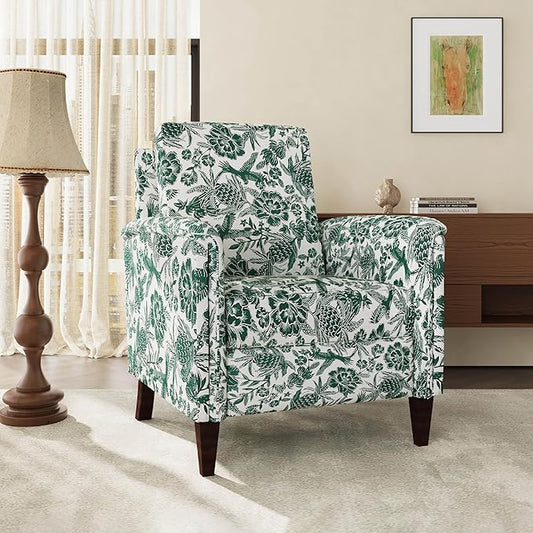 Floral Accent Chair, High Back Upholstered Armchair with Solid Wooden Legs, Padded Armrest and Removable Comfortable Cushioned Seat Single Sofa for Living Room, Bedroom, Green-Ruum Studio Home