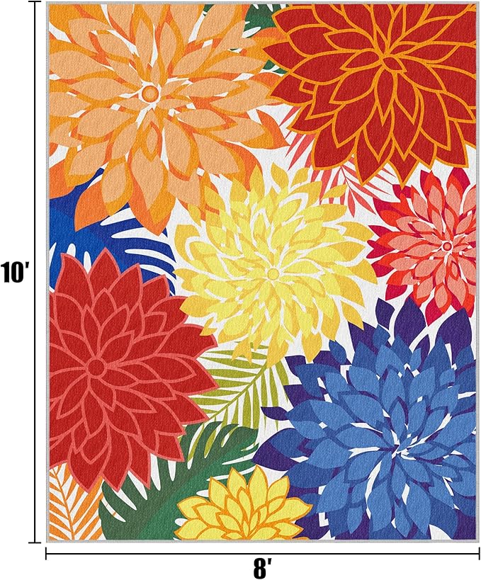 Indoor Outdoor Area Rug 8x10 Patio Washable Multicolored Patio Rug Tropical Botanical Modern Floral Indoor Outdoor Carpet Non-Slip for RV, Pool Deck, Backyard, Porch-Ruum Studio Home