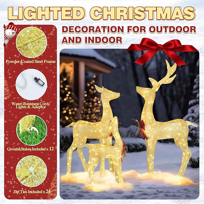 4.5FT Lighted Reindeer Family Set for Christmas Decoration, 3 Pieces Pre-Lit Iridescent Deer with 200 LED Lights, 3D Glittered Standing Holiday Display for Outdoor, Indoor, Golden-Ruum Studio Home