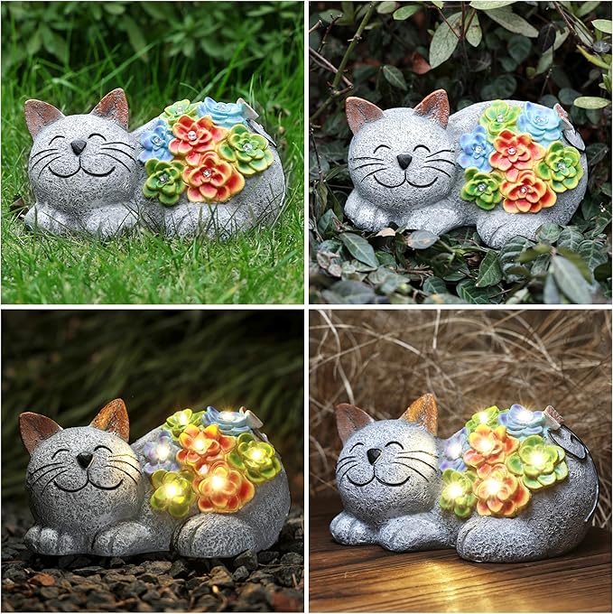 Otdair Solar Garden Decor Cat, Cat Lover Gifts with Succulent and 7 LED Lights for Outside,Outdoor Solar Lights for Yard, Garden and Patio, Unique Gift for Women-Ruum Studio Home