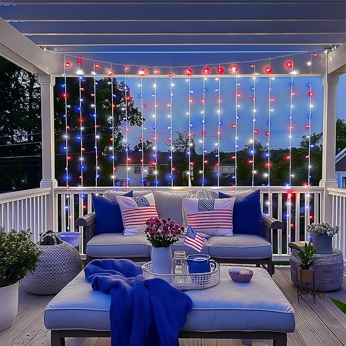 JMEXSUSS 300LED Red White and Blue Lights with Remote, 4th of July Lights Plug in, Patriots Curtain Hanging String Lights for Bedroom Wall Window Backdrop Indoor Outdoor 4th of July Decor, 9.8x9.8ft-Ruum Studio Home
