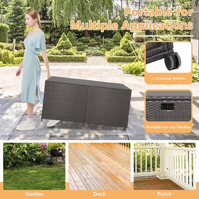HAPPYGRILL 175 Gallon Outdoor Rattan Deck Box, Wicker Storage Bin with Zippered Liner & 2 Universal Wheels, Safe Pneumatic Rod, Patio Rattan Storage Container for Cushions Pillows-Ruum Studio Home