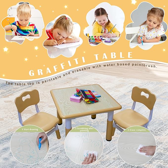 Kids Table and 2 Chairs Set with Graffiti Desktop, Toddler Furniture Set, Non-Slip Table Children Study Desk, Dining Table, Height Adjustable Desk, Painting Desktop for Kids (23.6x23.6Inch)-Ruum Studio Home