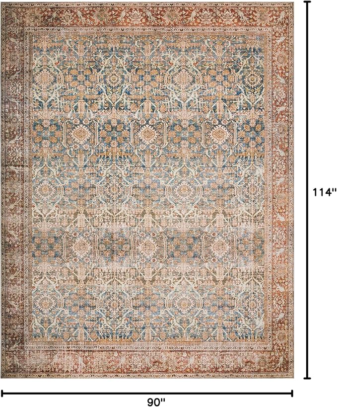 Loloi Layla Collection LAY-04 Ocean/Rust 7'-6" x 9'-6" .13" Thick Area Rug, Soft, Durable, Vintage Inspired, Distressed, Low Pile, Non-Shedding, Easy Clean, Printed, Living Room Rug-Ruum Studio Home
