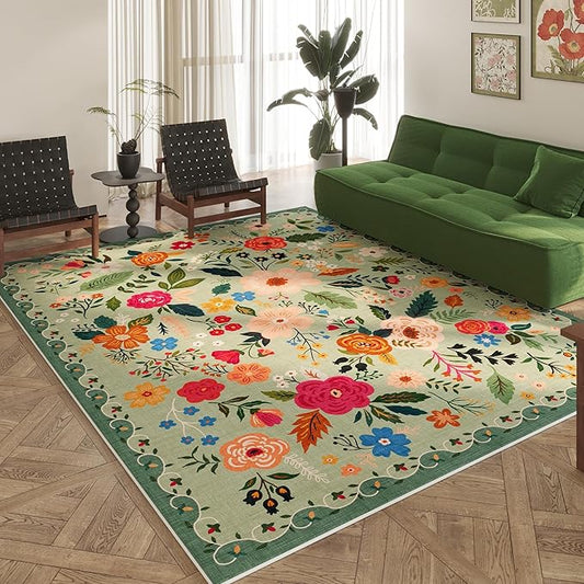 Area Rugs 8x10 Rug for Living Room Clearance Washable Boho Area Rug Non Slip Floral Vintage Low Pile Large Rug for Living Room, Bedroom, Farmhouse, Dining Room, Kids Playroom(Green)-Ruum Studio Home
