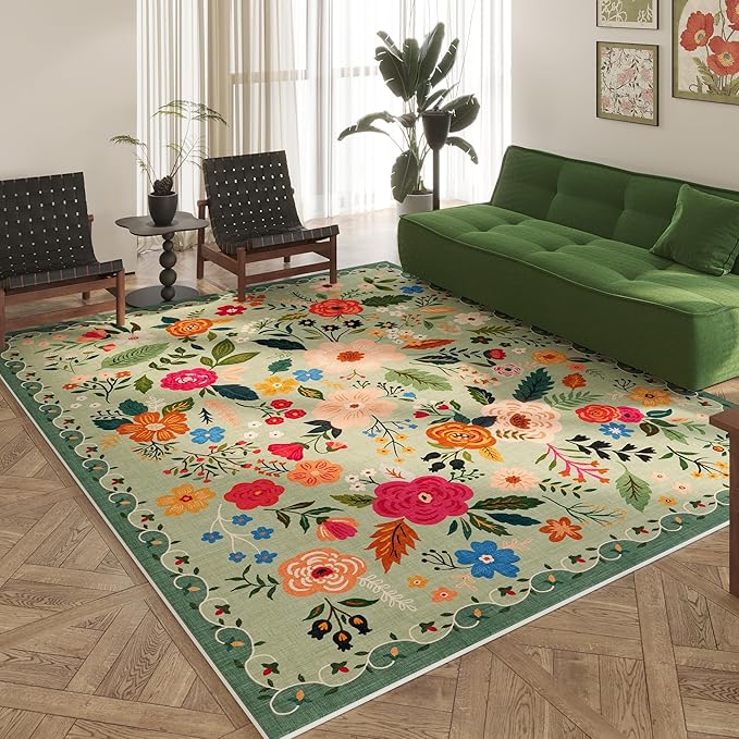 Living Room Rug 6x9 Rug Machine Washable Boho Area Rug Non Slip Floral Vintage Low Pile Large Rug for Living Room, Bedroom, Farmhouse, Dining Room, Kids Playroom(Green)-Ruum Studio Home