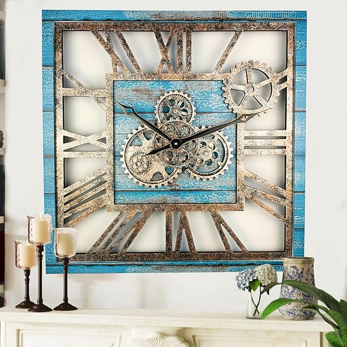The Gears Clock 24'' Inch Square Real Moving Gear Wall Clock Vintage Industrial Oversized Rustic Farmhouse (Ocean Blue)-Ruum Studio Home