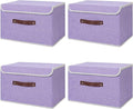 ANMINY 4PCS Storage Bins with Lid PU Leather Handles Storage Boxes PP Plastic Board Decorative Foldable Lidded Cotton Linen Fabric Home Cubes Baskets Closet Organizer Containers - Purple, Large Size-Ruum Studio Home