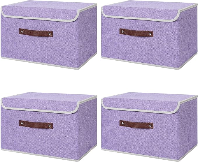 ANMINY 4PCS Storage Bins with Lid PU Leather Handles Storage Boxes PP Plastic Board Decorative Foldable Lidded Cotton Linen Fabric Home Cubes Baskets Closet Organizer Containers - Purple, Large Size-Ruum Studio Home